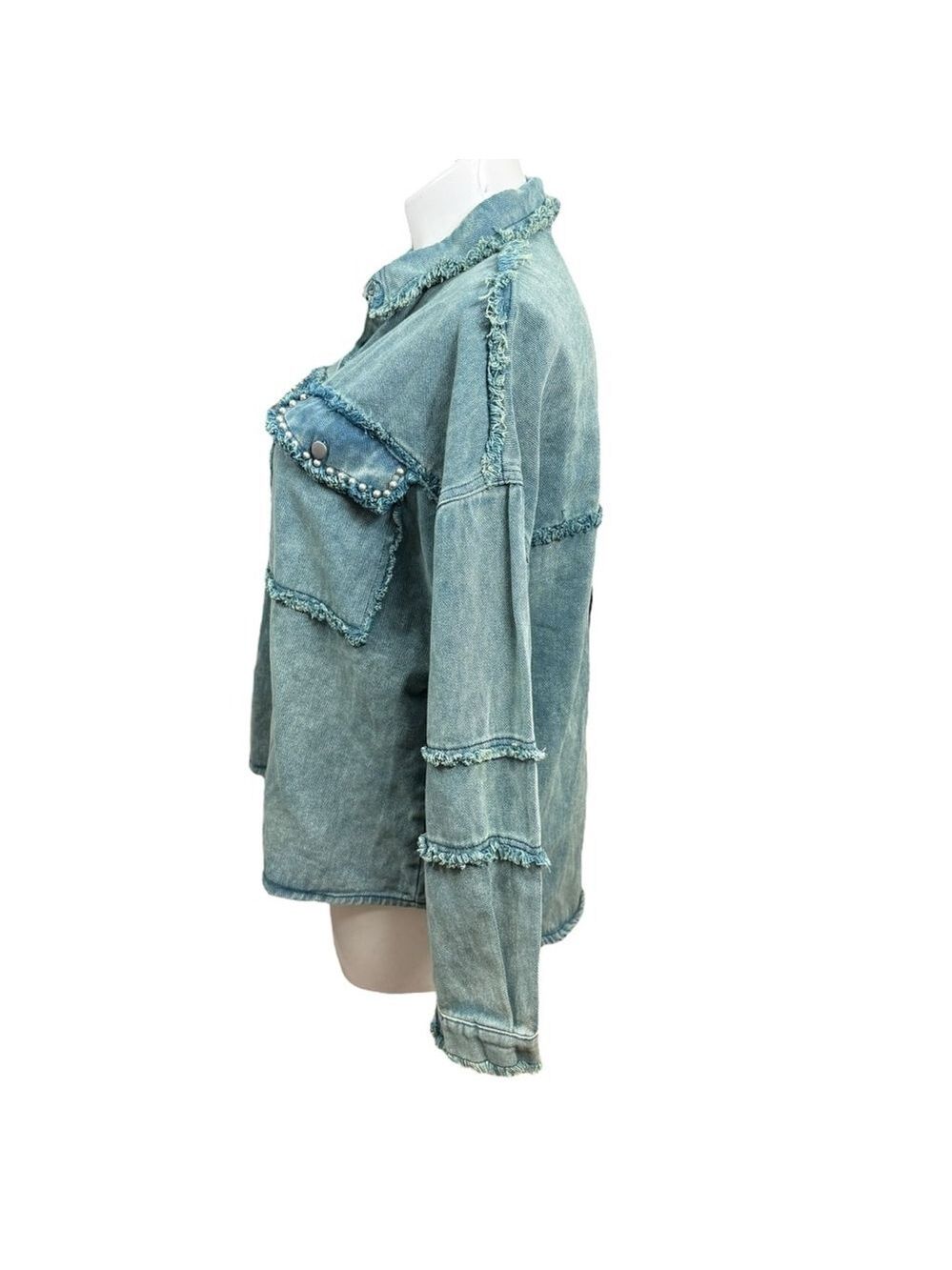 POL Frayed Denim Shacket Jacket Size L Blue Snap Front Distressed Western Style - Picture 7 of 10